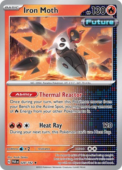 Pokémon card: Iron Moth 028/182 from Paradox Rift (Rare), Fire type, front of card