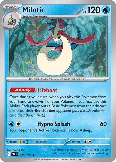 Pokémon card: Milotic 036/182 from Paradox Rift (Rare), Water type, front of card