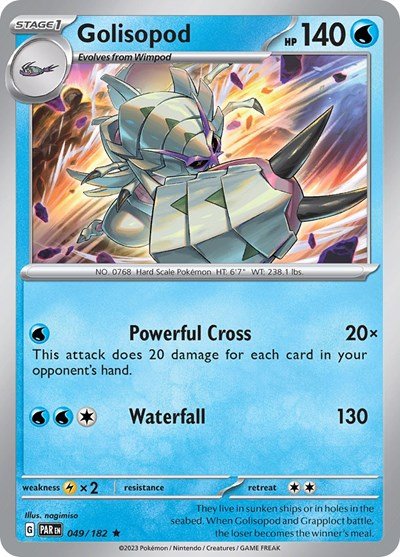 Pokémon card: Golisopod 049/182 from Paradox Rift (Rare), Water type, front of card
