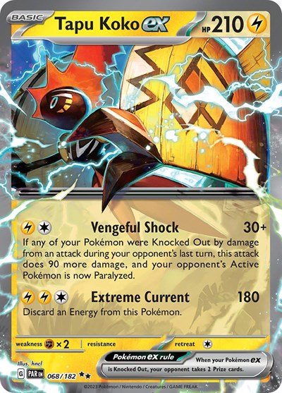 Pokémon card: Tapu Koko ex 068/182 from Paradox Rift (Double Rare), Lightning type, front of card