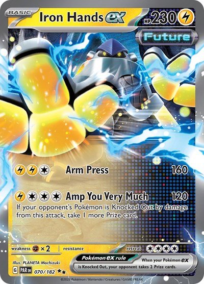 Pokémon card: Iron Hands ex 070/182 from Paradox Rift (Double Rare), Lightning type, front of card