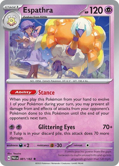 Pokémon card: Espathra 081/182 from Paradox Rift (Rare), Psychic type, front of card