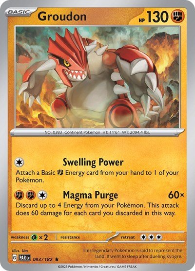 Pokémon card: Groudon 093/182 from Paradox Rift (Rare), Fighting type, front of card