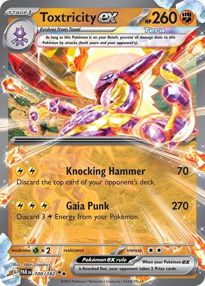 Pokémon card: Toxtricity ex 100/182 from Paradox Rift (Double Rare), Fighting type, front of card
