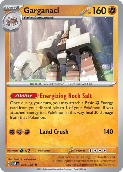 Pokémon card: Garganacl 104/182 from Paradox Rift (Rare), Fighting type, front of card
