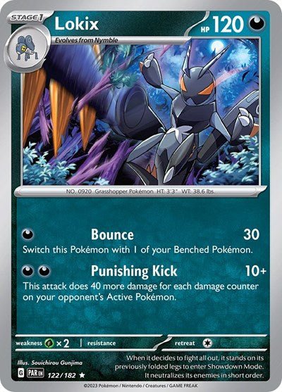 Pokémon card: Lokix 122/182 from Paradox Rift (Rare), Darkness type, front of card
