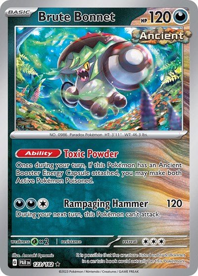 Pokémon card: Brute Bonnet 123/182 from Paradox Rift (Rare), Darkness type, front of card