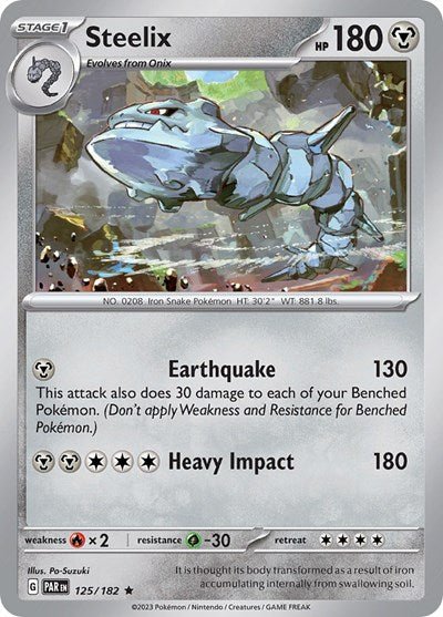 Pokémon card: Steelix 125/182 from Paradox Rift (Rare), Metal type, front of card