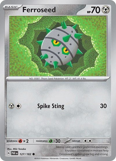 Pokémon card: Ferroseed 127/182 from Paradox Rift (Common), Metal type, front of card
