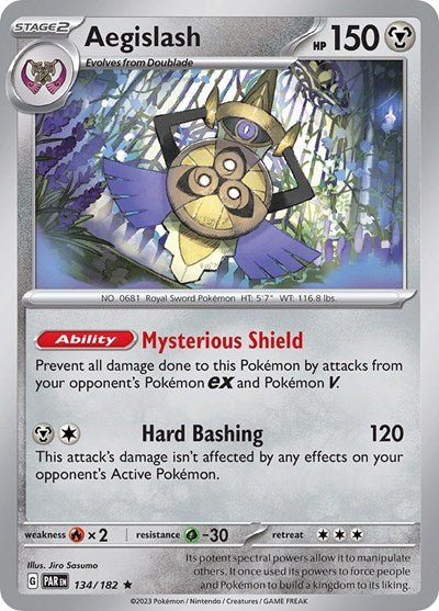 Pokémon card: Aegislash 134/182 from Paradox Rift (Rare), Metal type, front of card