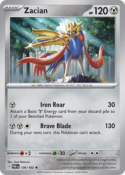 Pokémon card: Zacian 136/182 from Paradox Rift (Rare), Metal type, front of card