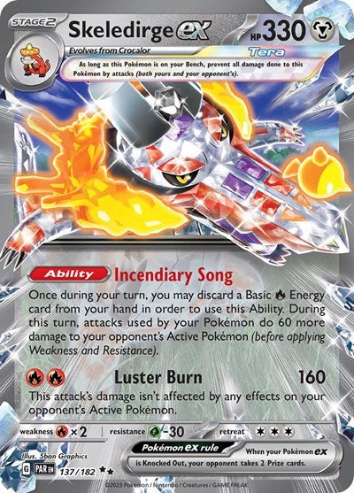 Pokémon card: Skeledirge ex 137/182 from Paradox Rift (Double Rare), Metal type, front of card