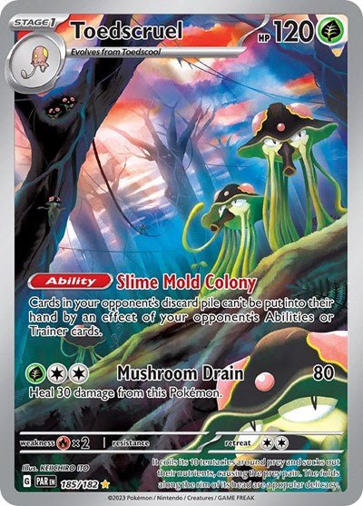 Pokémon card: Toedscruel 185/182 from Paradox Rift (Illustration Rare), Grass type, front of card