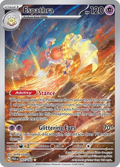 Pokémon card: Espathra 197/182 from Paradox Rift (Illustration Rare), Psychic type, front of card