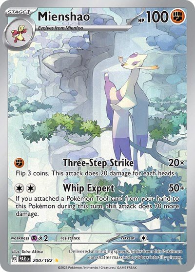 Pokémon card: Mienshao 200/182 from Paradox Rift (Illustration Rare), Fighting type, front of card