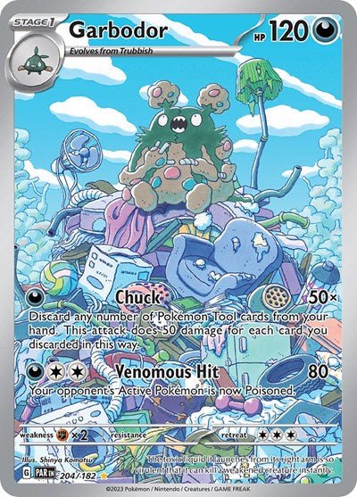 Pokémon card: Garbodor 204/182 from Paradox Rift (Illustration Rare), Darkness type, front of card