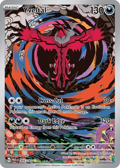 Pokémon card: Yveltal 205/182 from Paradox Rift (Illustration Rare), Darkness type, front of card