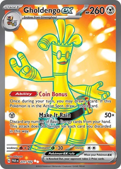 Pokémon card: Gholdengo ex 231/182 from Paradox Rift (Ultra Rare), Metal type, front of card