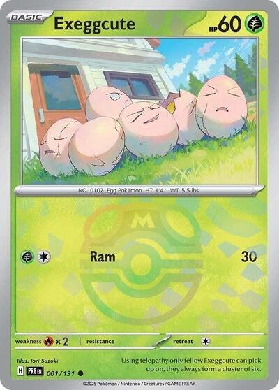Pokémon card: Exeggcute (Master Ball Pattern) 001/131 from Prismatic Evolutions (Common), Grass type, front of card