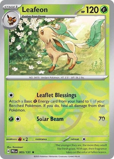 Pokémon card: Leafeon (Poke Ball Pattern) 005/131 from Prismatic Evolutions (Rare), Grass type, front of card