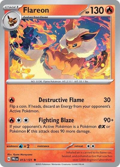 Pokémon card: Flareon 013/131 from Prismatic Evolutions (Rare), Fire type, front of card