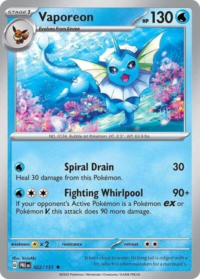 Pokémon card: Vaporeon 022/131 from Prismatic Evolutions (Rare), Water type, front of card