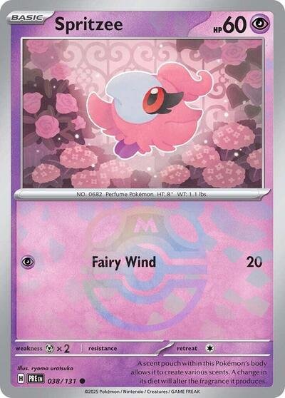 Pokémon card: Spritzee (Master Ball Pattern) 038/131 from Prismatic Evolutions (Common), Psychic type, front of card