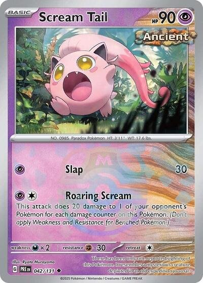 Pokémon card: Scream Tail (Master Ball Pattern) 042/131 from Prismatic Evolutions (Uncommon), Psychic type, front of card