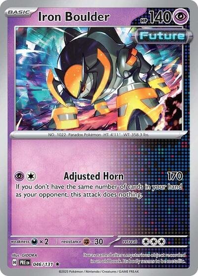 Pokémon card: Iron Boulder 046/131 from Prismatic Evolutions (Rare), Psychic type, front of card
