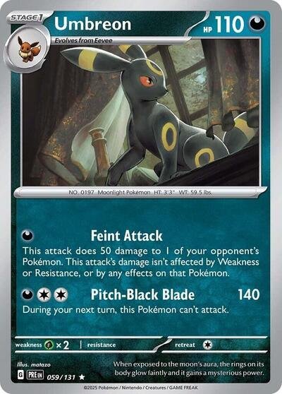 Pokémon card: Umbreon 059/131 from Prismatic Evolutions (Rare), Darkness type, front of card