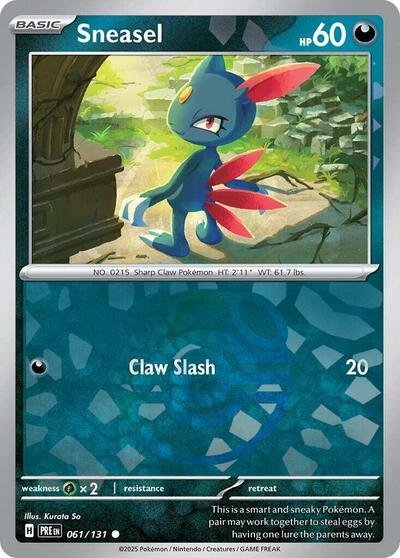 Pokémon card: Sneasel (Master Ball Pattern) 061/131 from Prismatic Evolutions (Common), Darkness type, front of card