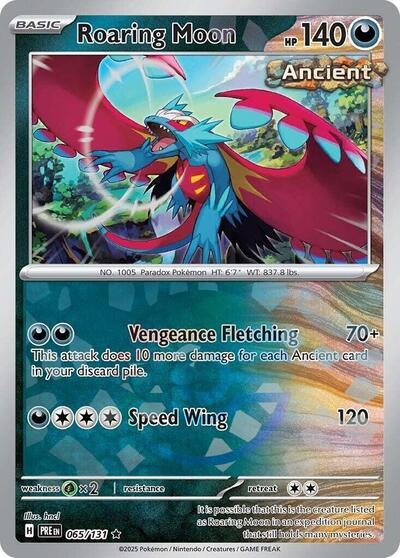 Pokémon card: Roaring Moon (Poke Ball Pattern) 065/131 from Prismatic Evolutions (Rare), Darkness type, front of card