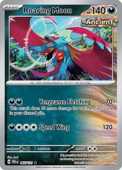 Pokémon card: Roaring Moon 065/131 from Prismatic Evolutions (Rare), Darkness type, front of card