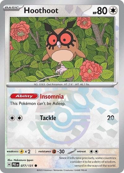 Pokémon card: Hoothoot (Master Ball Pattern) 077/131 from Prismatic Evolutions (Common), Colorless type, front of card