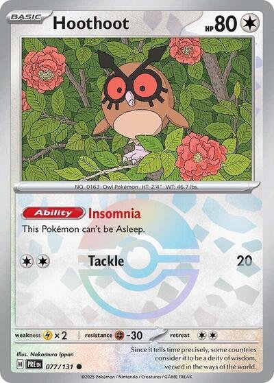 Pokémon card: Hoothoot (Poke Ball Pattern) 077/131 from Prismatic Evolutions (Common), Colorless type, front of card