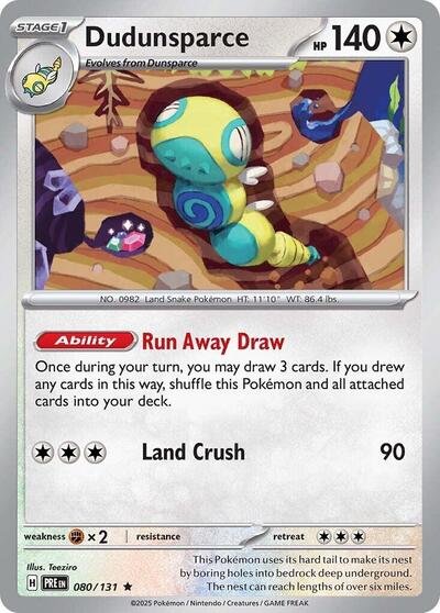 Pokémon card: Dudunsparce 080/131 from Prismatic Evolutions (Rare), Colorless type, front of card