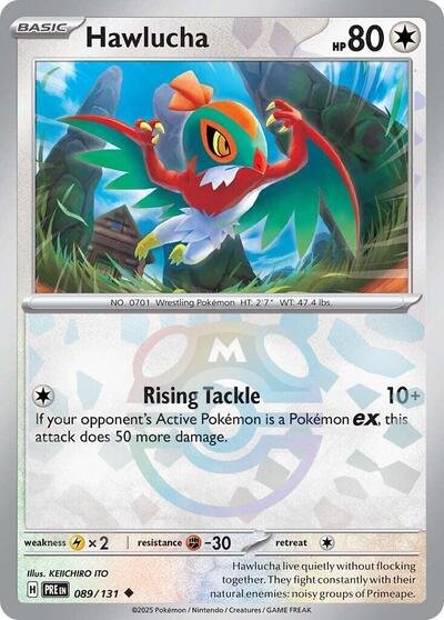 Pokémon card: Hawlucha (Master Ball Pattern) 089/131 from Prismatic Evolutions (Uncommon), Colorless type, front of card