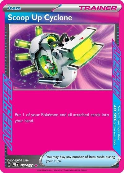 Pokémon card: Scoop Up Cyclone 128/131 from Prismatic Evolutions (ACE SPEC Rare), front of card