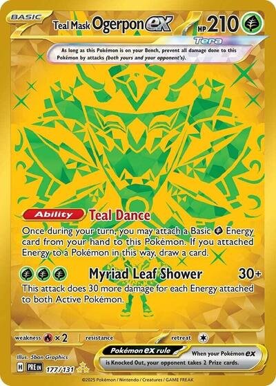 Pokémon card: Teal Mask Ogerpon ex 177/131 from Prismatic Evolutions (Hyper Rare), Grass type, front of card