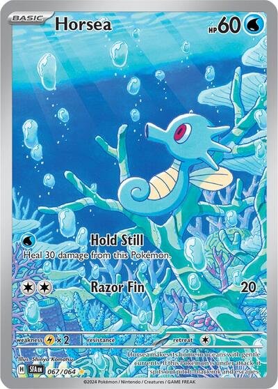 Pokémon card: Horsea 067/064 from Shrouded Fable (Illustration Rare), Water type, front of card