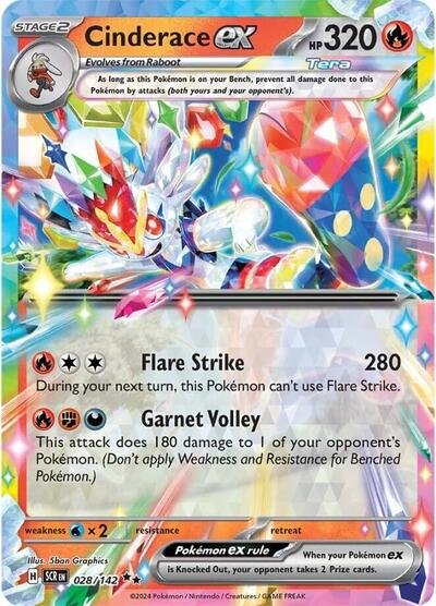Pokémon card: Cinderace ex 028/142 from Stellar Crown (Double Rare), Fire type, front of card