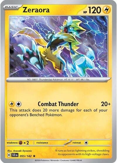 Pokémon card: Zeraora 055/142 from Stellar Crown (Rare), Lightning type, front of card
