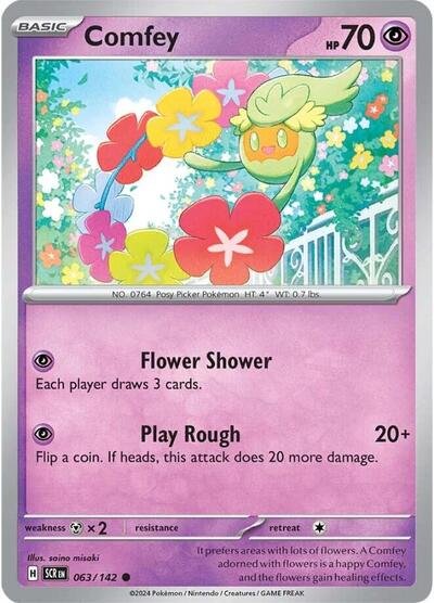 Pokémon card: Comfey 063/142 from Stellar Crown (Common), Psychic type, front of card