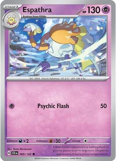 Pokémon card: Espathra 069/142 from Stellar Crown (Common), Psychic type, front of card