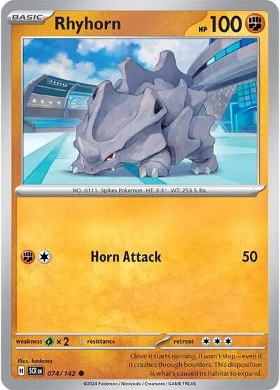 Pokémon card: Rhyhorn 074/142 from Stellar Crown (Common), Fighting type, front of card