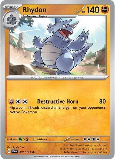 Pokémon card: Rhydon 075/142 from Stellar Crown (Common), Fighting type, front of card