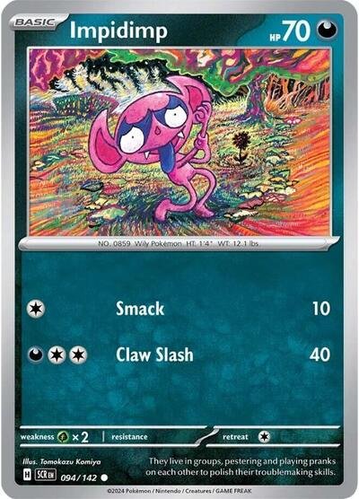 Pokémon card: Impidimp 094/142 from Stellar Crown (Common), Darkness type, front of card