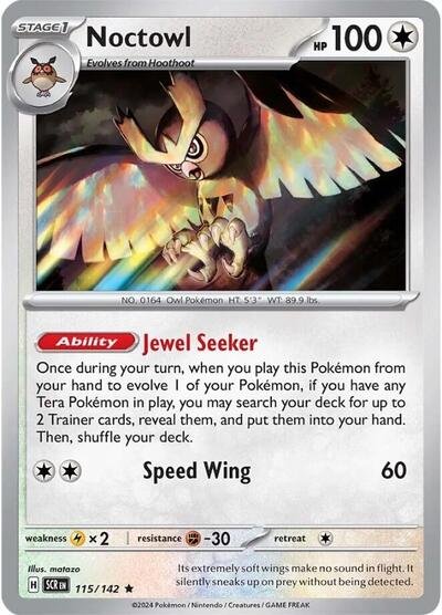 Pokémon card: Noctowl 115/142 from Stellar Crown (Rare), Colorless type, front of card
