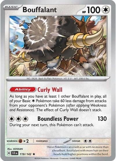 Pokémon card: Bouffalant 119/142 from Stellar Crown (Rare), Colorless type, front of card