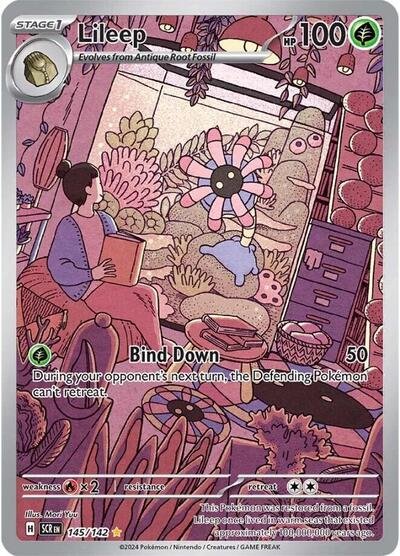 Pokémon card: Lileep 145/142 from Stellar Crown (Illustration Rare), Grass type, front of card